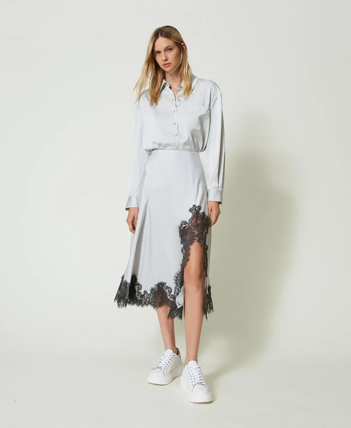 Twinset Satin And Lace Long Skirt Twotone Silver Blackened Pearl Grey Women Skirts