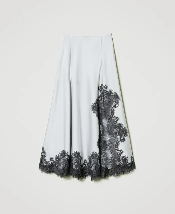 Twinset Satin And Lace Long Skirt Twotone Silver Blackened Pearl Grey Women Skirts Twinset Satin And Lace Long Skirt Twotone Silver Blackened Pearl Grey Women Skirts