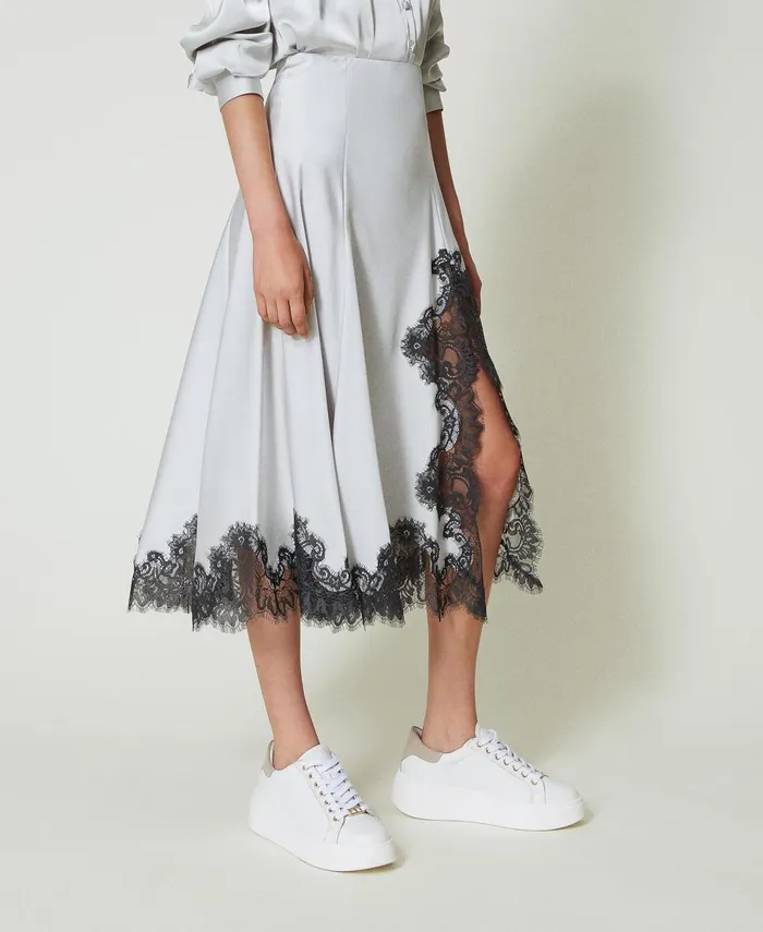 Twinset Satin And Lace Long Skirt Twotone Silver Blackened Pearl Grey Women Skirts Twinset Satin And Lace Long Skirt Twotone Silver Blackened Pearl Grey Women Skirts