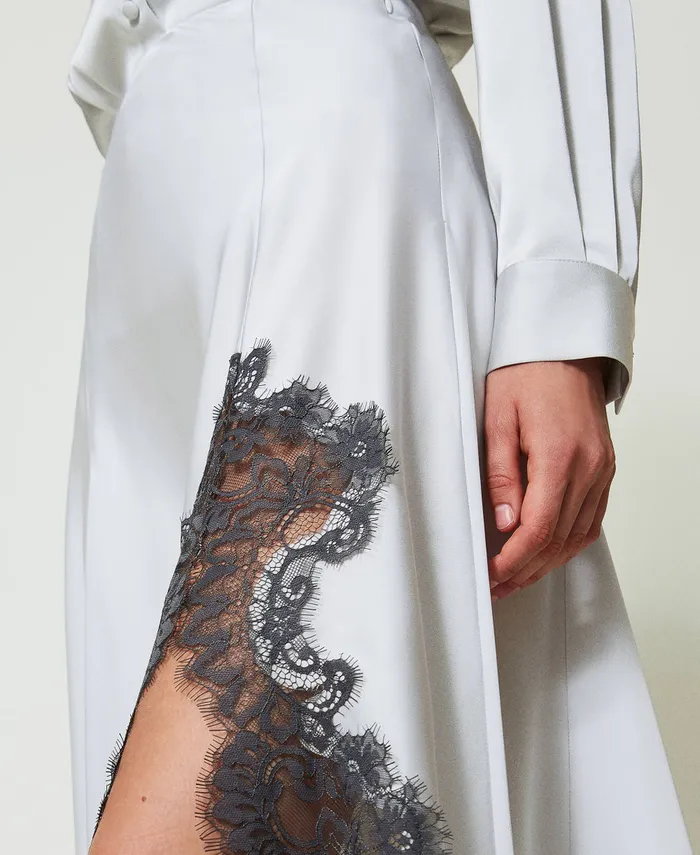 Twinset Satin And Lace Long Skirt Twotone Silver Blackened Pearl Grey Women Skirts Twinset Satin And Lace Long Skirt Twotone Silver Blackened Pearl Grey Women Skirts