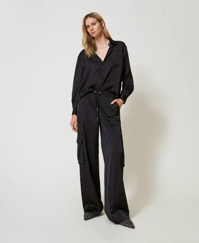 Twinset Satin Cargo Trousers Black Women Trousers
