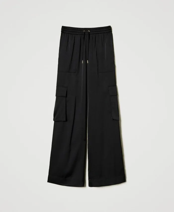 Twinset Satin Cargo Trousers Black Women Trousers