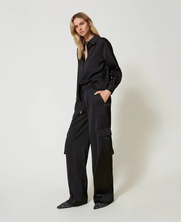 Twinset Satin Cargo Trousers Black Women Trousers