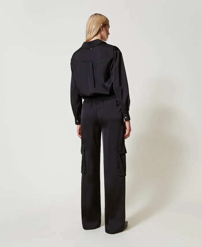 Twinset Satin Cargo Trousers Black Women Trousers