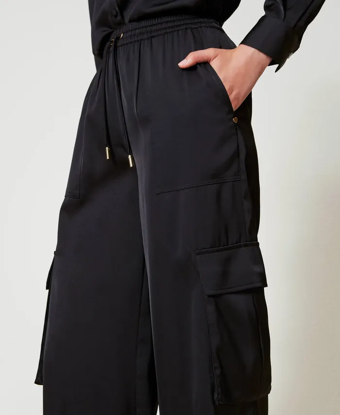 Twinset Satin Cargo Trousers Black Women Trousers