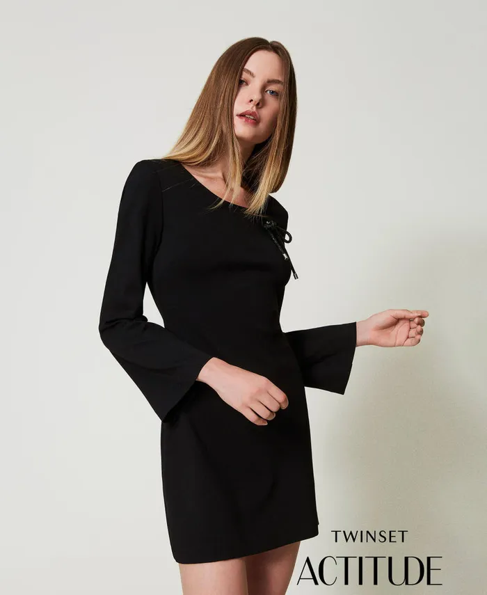 Twinset Short Dress With Rhinestone Brooch Black Women Dresses