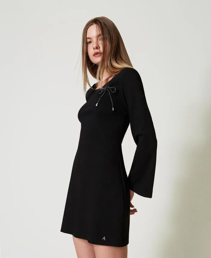 Twinset Short Dress With Rhinestone Brooch Black Women Dresses Twinset Short Dress With Rhinestone Brooch Black Women Dresses