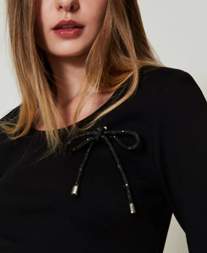 Twinset Short Dress With Rhinestone Brooch Black Women Dresses Twinset Short Dress With Rhinestone Brooch Black Women Dresses