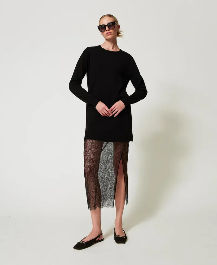 Twinset Short Knit Dress And Lace Skirt Black Women Dresses