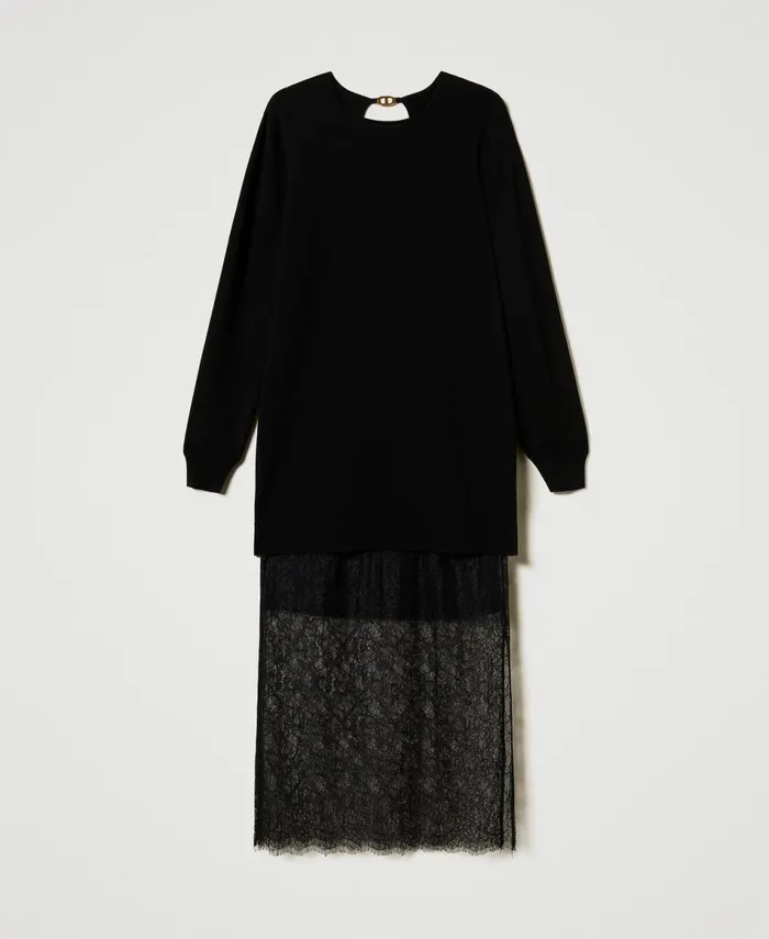 Twinset Short Knit Dress And Lace Skirt Black Women Dresses Twinset Short Knit Dress And Lace Skirt Black Women Dresses