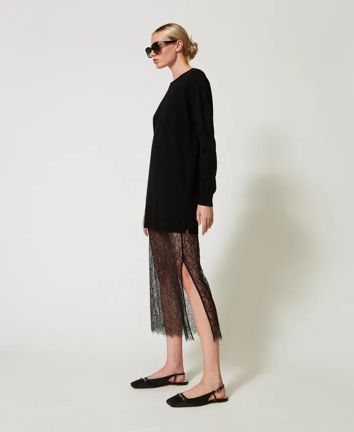 Twinset Short Knit Dress And Lace Skirt Black Women Dresses Twinset Short Knit Dress And Lace Skirt Black Women Dresses