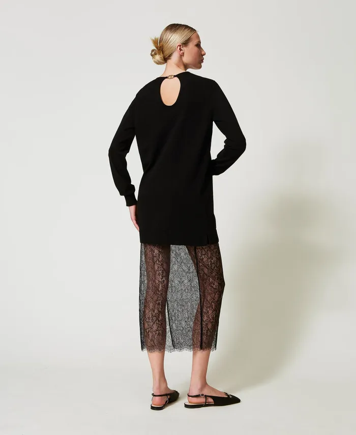 Twinset Short Knit Dress And Lace Skirt Black Women Dresses Twinset Short Knit Dress And Lace Skirt Black Women Dresses