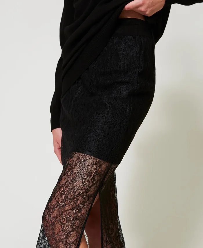 Twinset Short Knit Dress And Lace Skirt Black Women Dresses Twinset Short Knit Dress And Lace Skirt Black Women Dresses