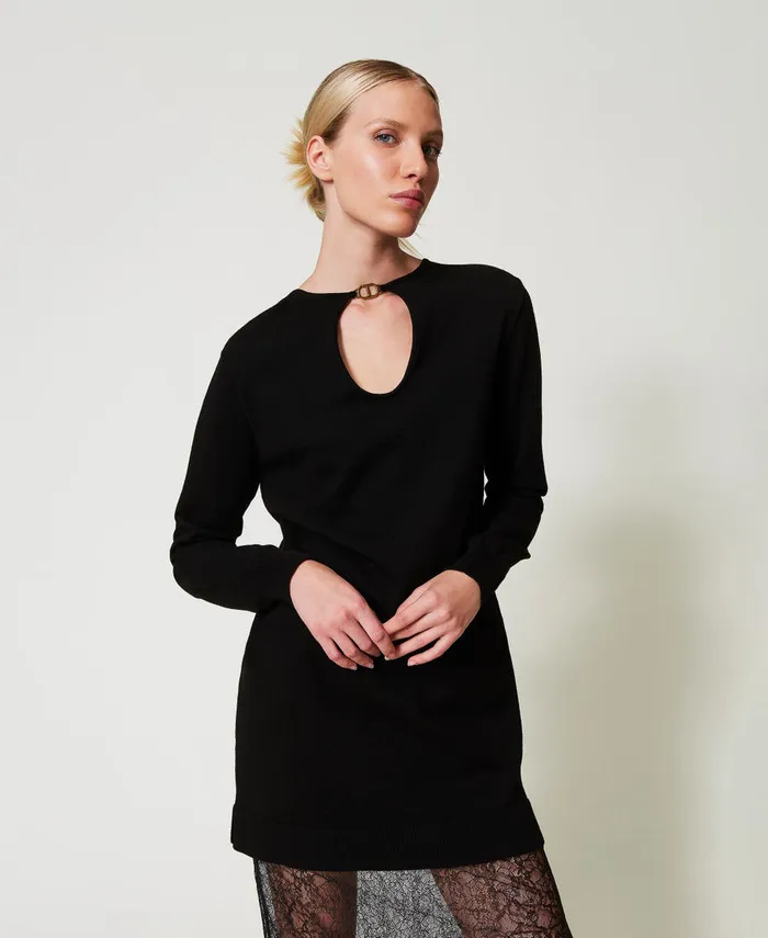 Twinset Short Knit Dress And Lace Skirt Black Women Dresses Twinset Short Knit Dress And Lace Skirt Black Women Dresses