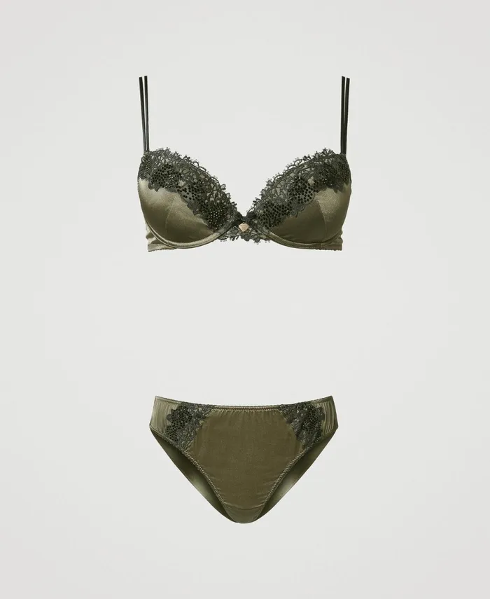 Twinset Silk PushUp Bra And Brazilian Briefs Set Twotone Green Moss Blackout Women Underwear And Nightwear Twinset Silk PushUp Bra And Brazilian Briefs Set Twotone Green Moss Blackout Women Underwear And Nightwear