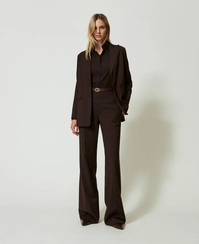 Twinset Stretch Wool High Waist Trousers Coffee Chocolate Women Trousers