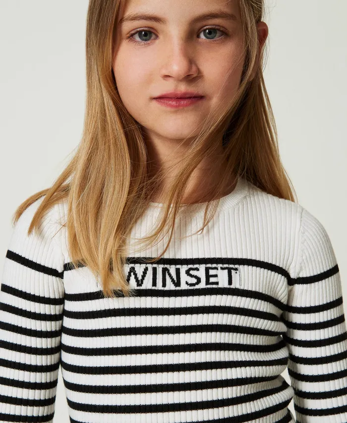 Twinset Striped Crew Neck Jumper With Jacquard Logo Bicolour Off White Black Girl Jumpers And Cardigans