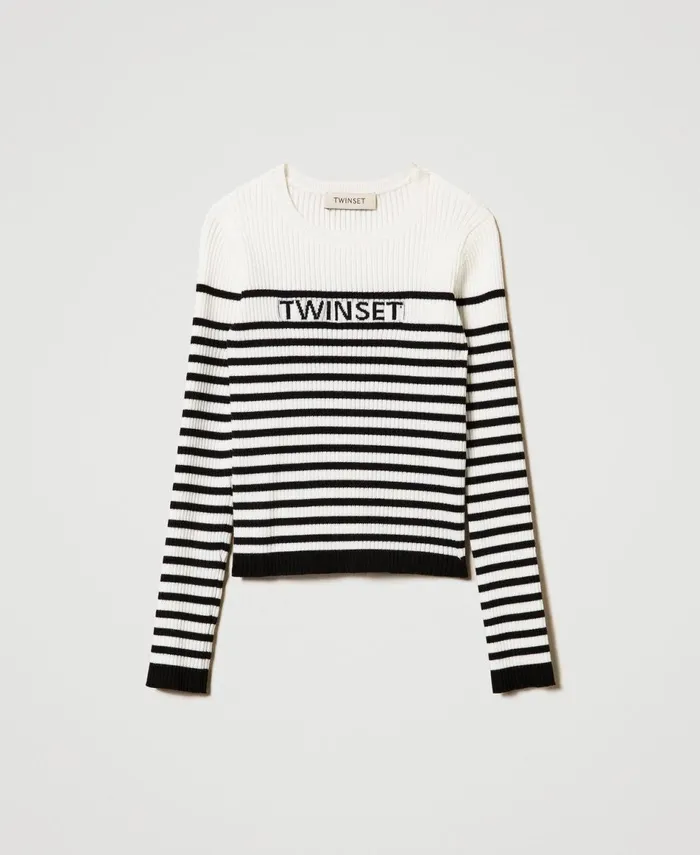 Twinset Striped Crew Neck Jumper With Jacquard Logo Bicolour Off White Black Girl Jumpers And Cardigans Twinset Striped Crew Neck Jumper With Jacquard Logo Bicolour Off White Black Girl Jumpers And Cardigans