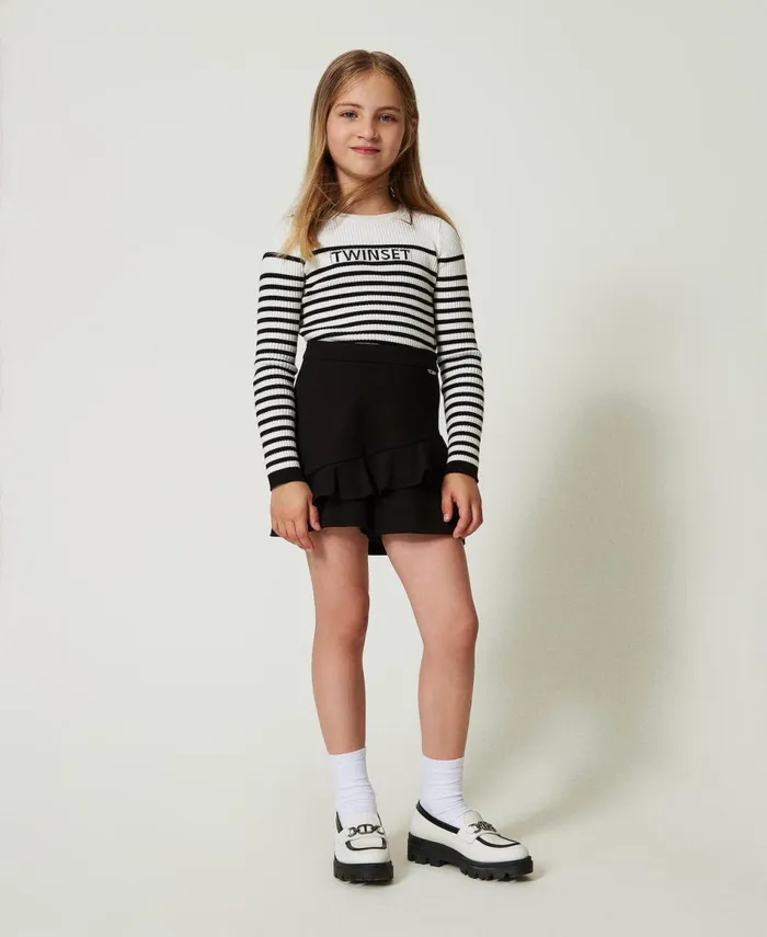 Twinset Striped Crew Neck Jumper With Jacquard Logo Bicolour Off White Black Girl Jumpers And Cardigans Twinset Striped Crew Neck Jumper With Jacquard Logo Bicolour Off White Black Girl Jumpers And Cardigans