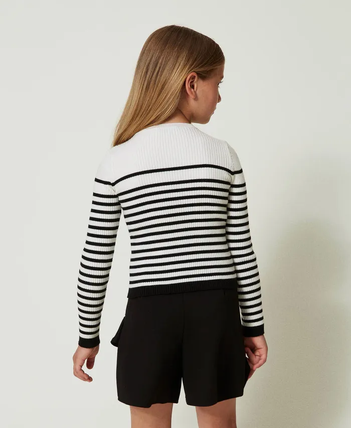 Twinset Striped Crew Neck Jumper With Jacquard Logo Bicolour Off White Black Girl Jumpers And Cardigans Twinset Striped Crew Neck Jumper With Jacquard Logo Bicolour Off White Black Girl Jumpers And Cardigans