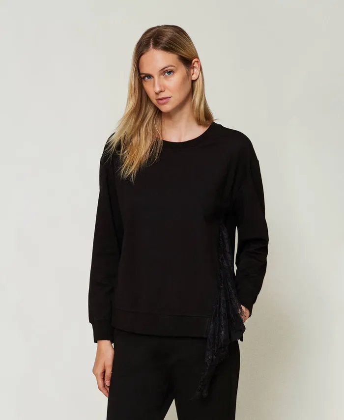 Twinset Sweatshirt With Pleated Insert With Lace Black Women Sweatshirts