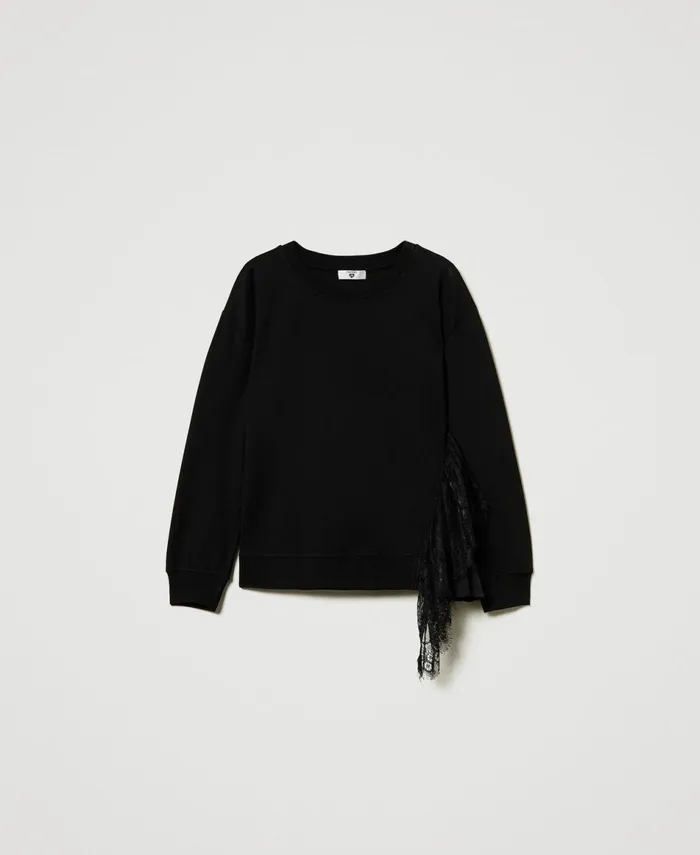 Twinset Sweatshirt With Pleated Insert With Lace Black Women Sweatshirts Twinset Sweatshirt With Pleated Insert With Lace Black Women Sweatshirts