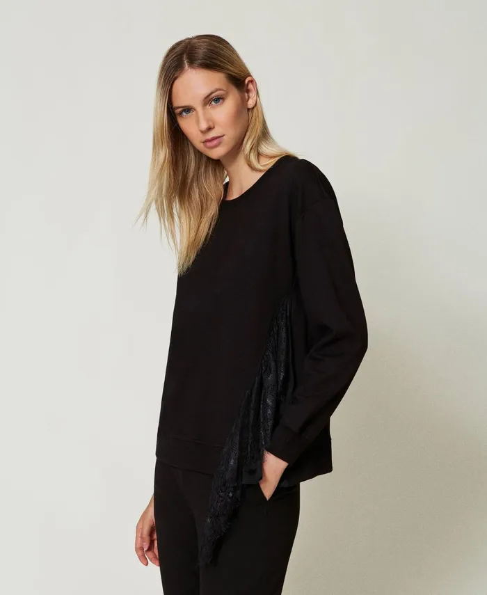 Twinset Sweatshirt With Pleated Insert With Lace Black Women Sweatshirts Twinset Sweatshirt With Pleated Insert With Lace Black Women Sweatshirts