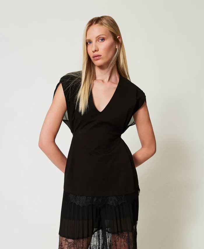 Twinset Top With Lace And Pleats Black Women TShirts And Tops