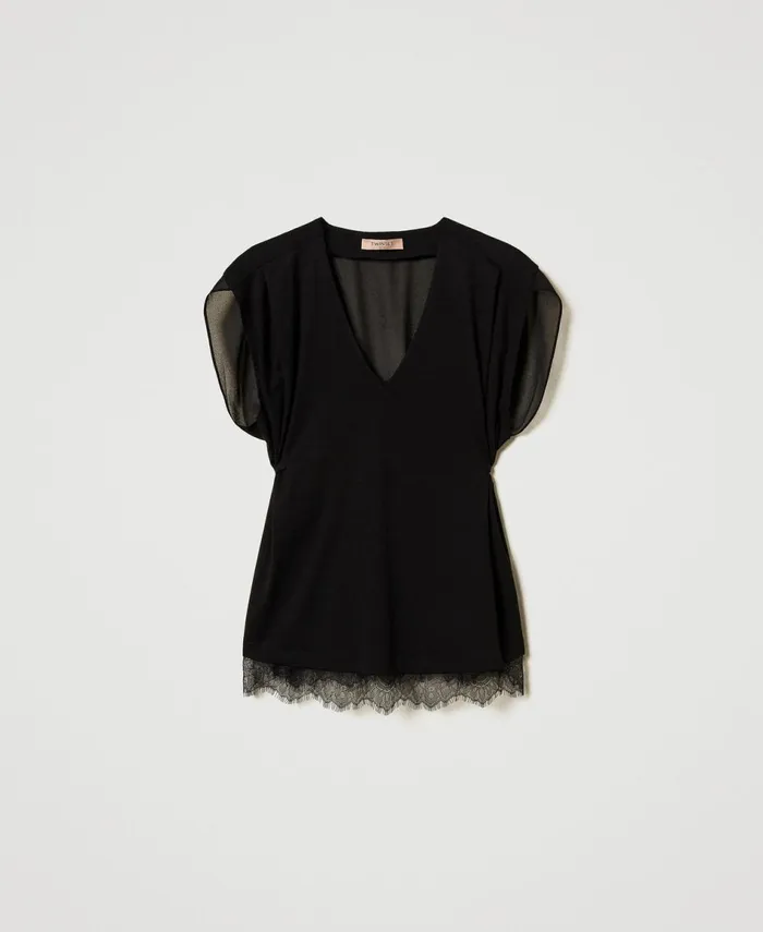 Twinset Top With Lace And Pleats Black Women TShirts And Tops Twinset Top With Lace And Pleats Black Women TShirts And Tops