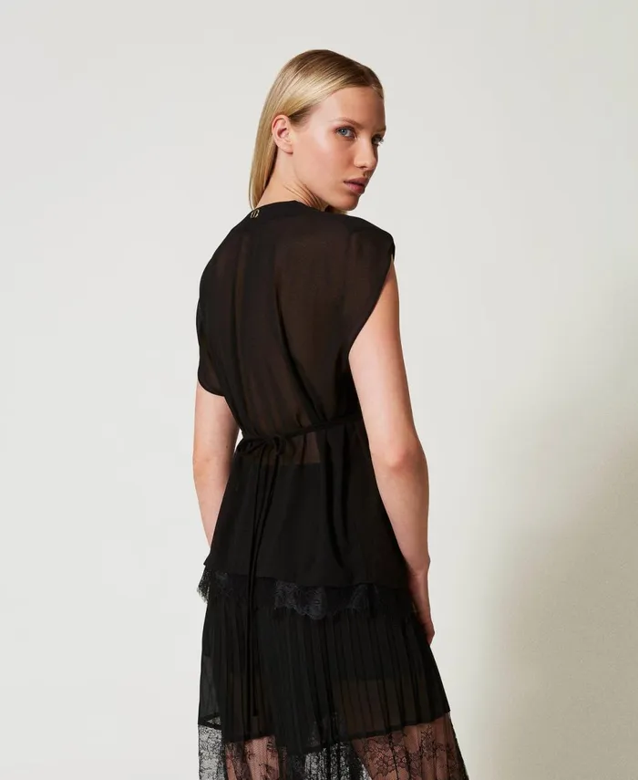Twinset Top With Lace And Pleats Black Women TShirts And Tops Twinset Top With Lace And Pleats Black Women TShirts And Tops