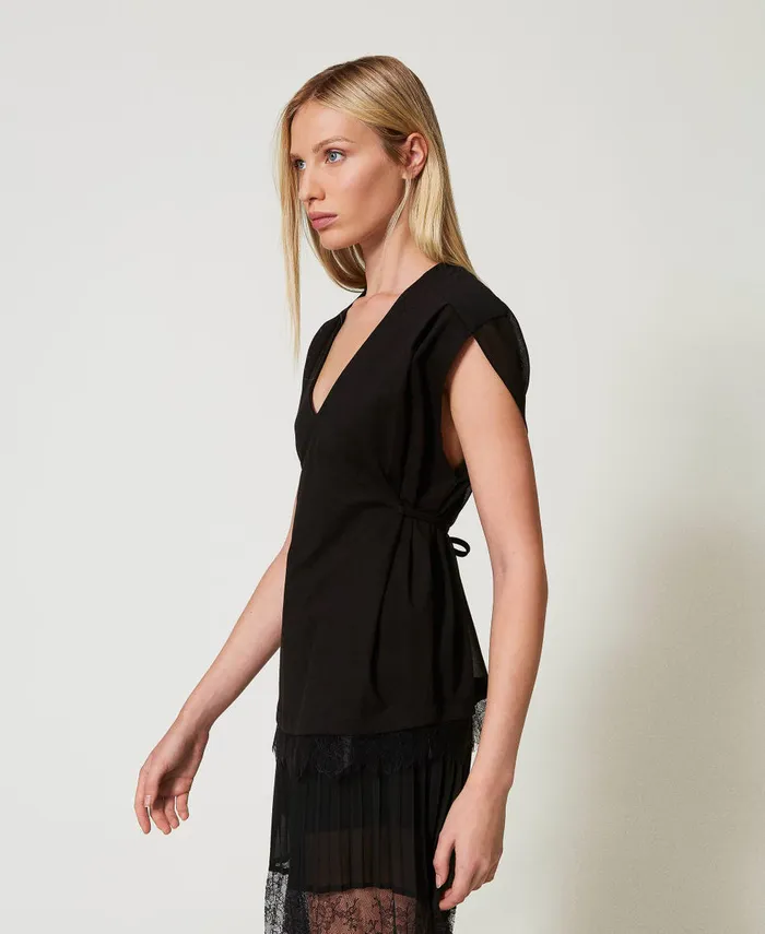 Twinset Top With Lace And Pleats Black Women TShirts And Tops Twinset Top With Lace And Pleats Black Women TShirts And Tops