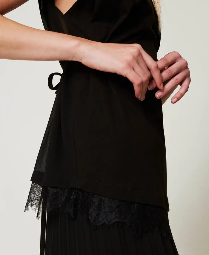 Twinset Top With Lace And Pleats Black Women TShirts And Tops Twinset Top With Lace And Pleats Black Women TShirts And Tops