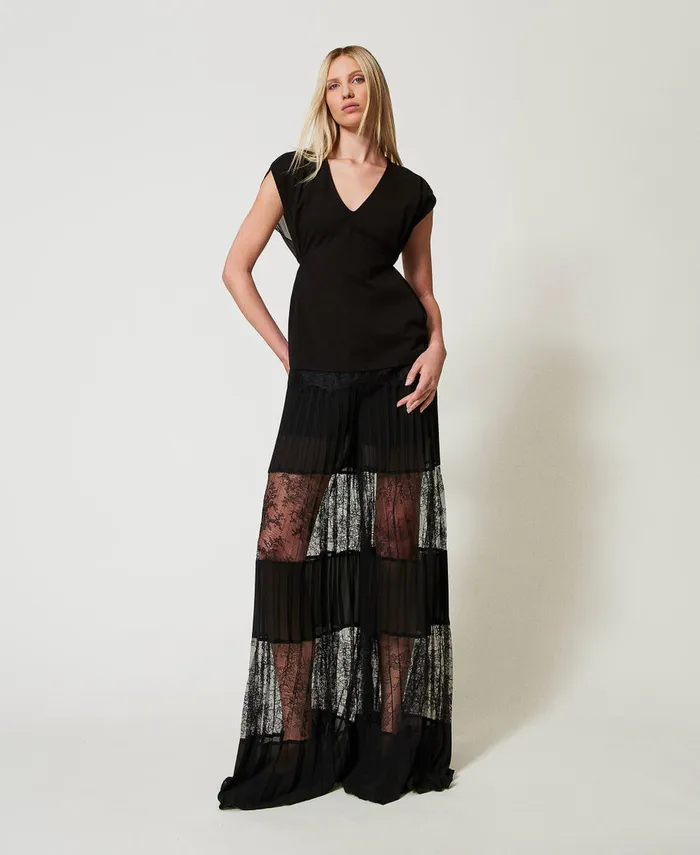 Twinset Top With Lace And Pleats Black Women TShirts And Tops Twinset Top With Lace And Pleats Black Women TShirts And Tops