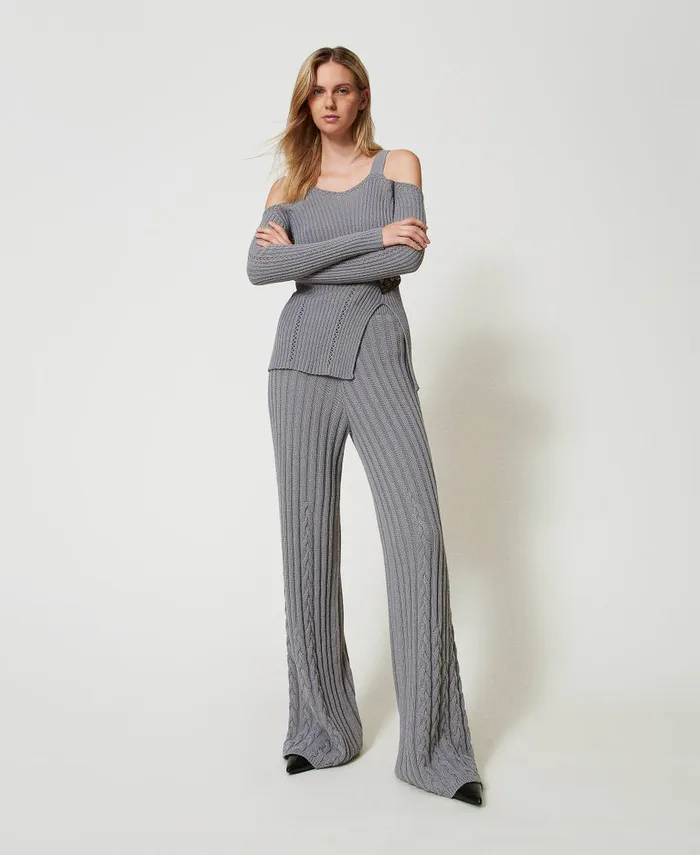 Twinset Treeblend Yarn Flared Trousers With Cable Knit Pattern Light Fume Grey Women Suits And Sets