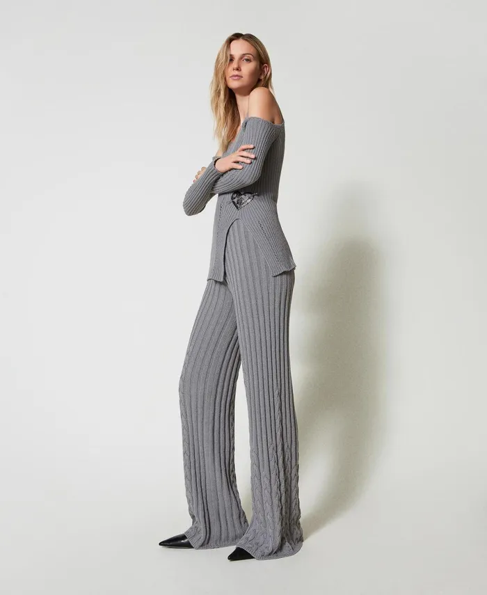 Twinset Treeblend Yarn Flared Trousers With Cable Knit Pattern Light Fume Grey Women Suits And Sets Twinset Treeblend Yarn Flared Trousers With Cable Knit Pattern Light Fume Grey Women Suits And Sets