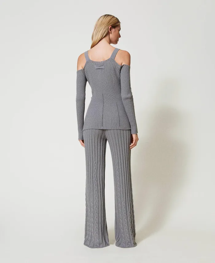 Twinset Treeblend Yarn Flared Trousers With Cable Knit Pattern Light Fume Grey Women Suits And Sets Twinset Treeblend Yarn Flared Trousers With Cable Knit Pattern Light Fume Grey Women Suits And Sets