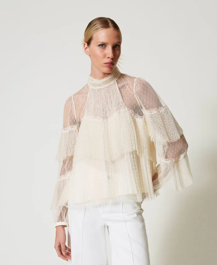 Twinset Tulle Blouse With Pleated Flounces White Snow Women Blouses And Shirts
