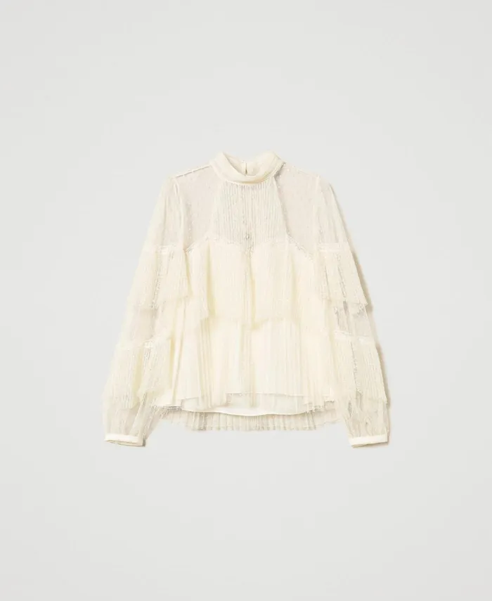 Twinset Tulle Blouse With Pleated Flounces White Snow Women Blouses And Shirts Twinset Tulle Blouse With Pleated Flounces White Snow Women Blouses And Shirts