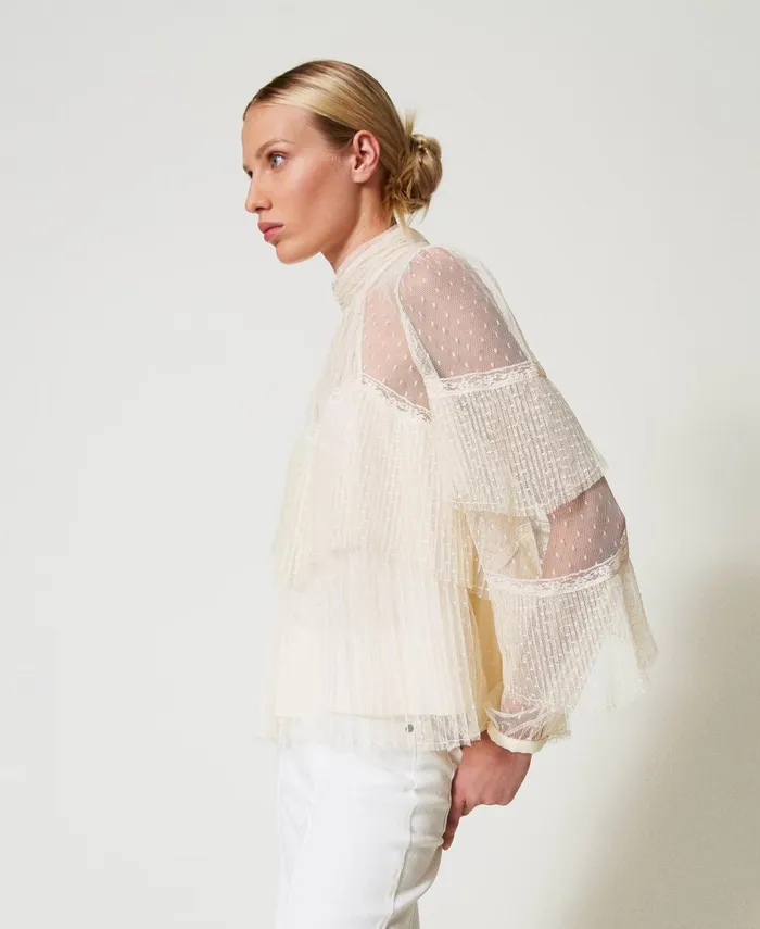 Twinset Tulle Blouse With Pleated Flounces White Snow Women Blouses And Shirts Twinset Tulle Blouse With Pleated Flounces White Snow Women Blouses And Shirts
