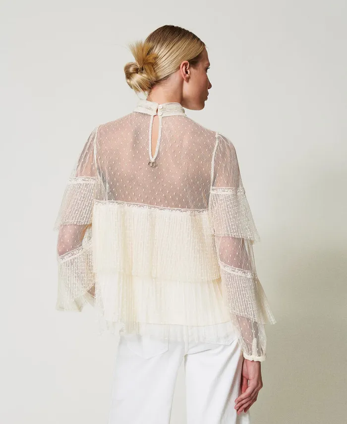 Twinset Tulle Blouse With Pleated Flounces White Snow Women Blouses And Shirts Twinset Tulle Blouse With Pleated Flounces White Snow Women Blouses And Shirts