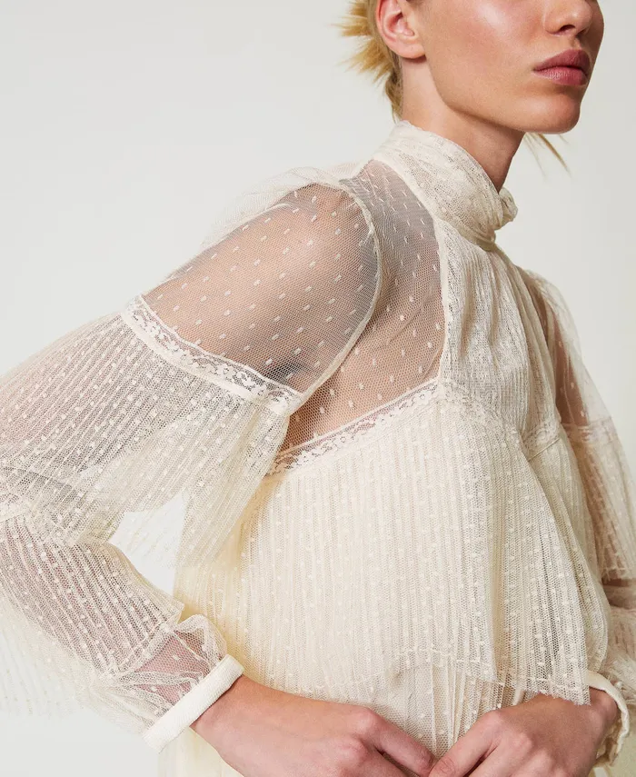 Twinset Tulle Blouse With Pleated Flounces White Snow Women Blouses And Shirts Twinset Tulle Blouse With Pleated Flounces White Snow Women Blouses And Shirts