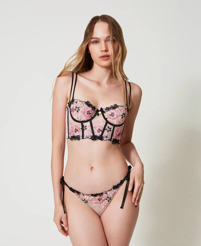 Twinset Tulle Brazilian Briefs With Ribbons Multicolour Blooming Embroidery Women Underwear And Nightwear