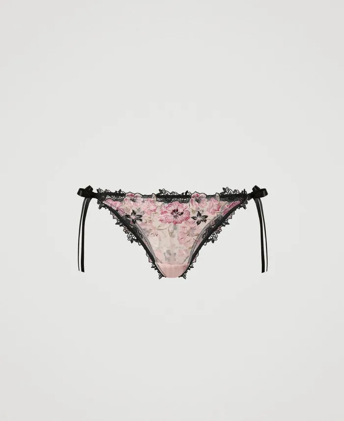 Twinset Tulle Brazilian Briefs With Ribbons Multicolour Blooming Embroidery Women Underwear And Nightwear