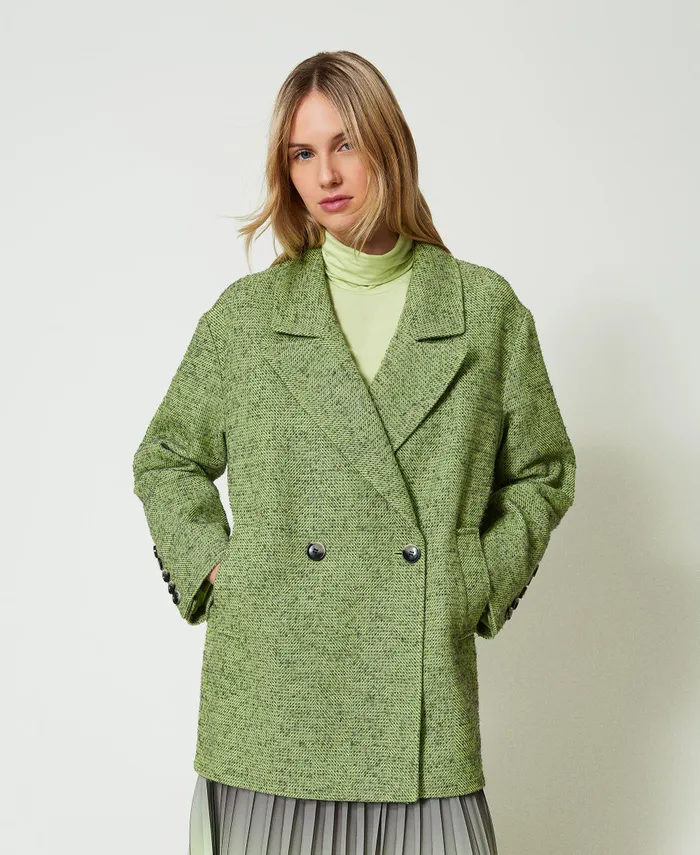 Twinset TwoTone Short Herringbone Coat Twotone Soft Lime Green Mid Melange Grey Women Jackets And Outerwear