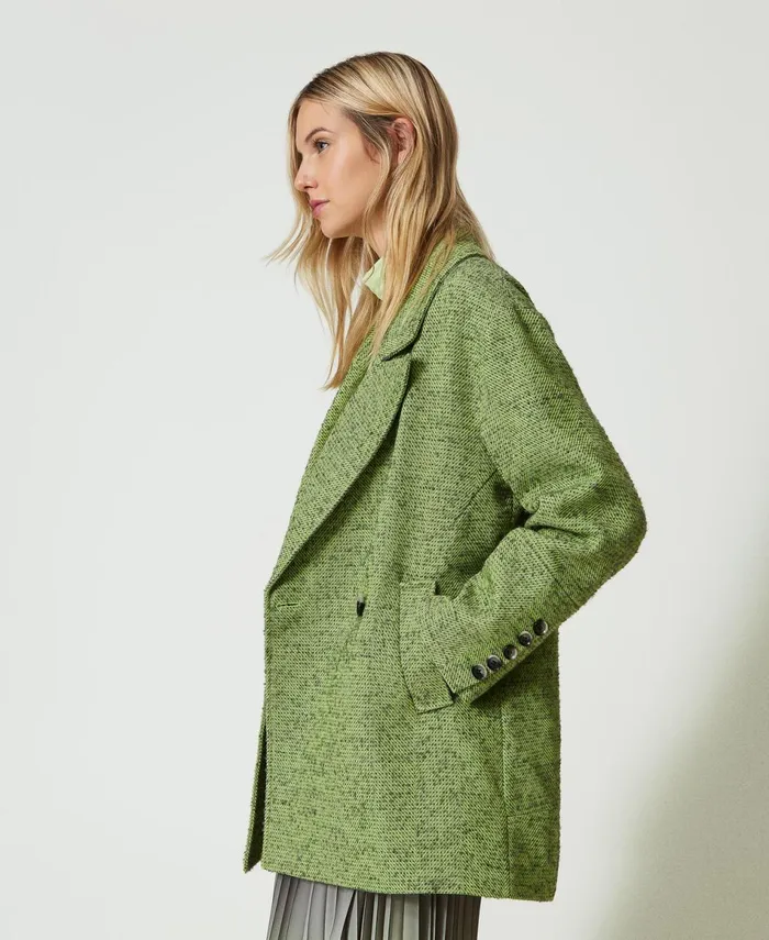 Twinset TwoTone Short Herringbone Coat Twotone Soft Lime Green Mid Melange Grey Women Jackets And Outerwear Twinset TwoTone Short Herringbone Coat Twotone Soft Lime Green Mid Melange Grey Women Jackets And Outerwear