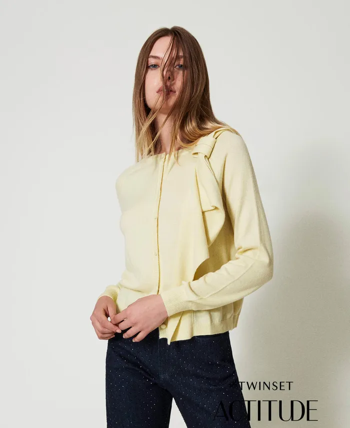 Twinset Wool Blend Cardigan With Maxi Bow French Vanilla Women Jumpers And Cardigans