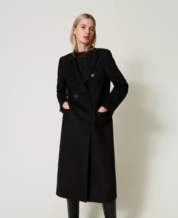 Twinset Wool Blend Straight Fit Coat Black Women Jackets And Outerwear