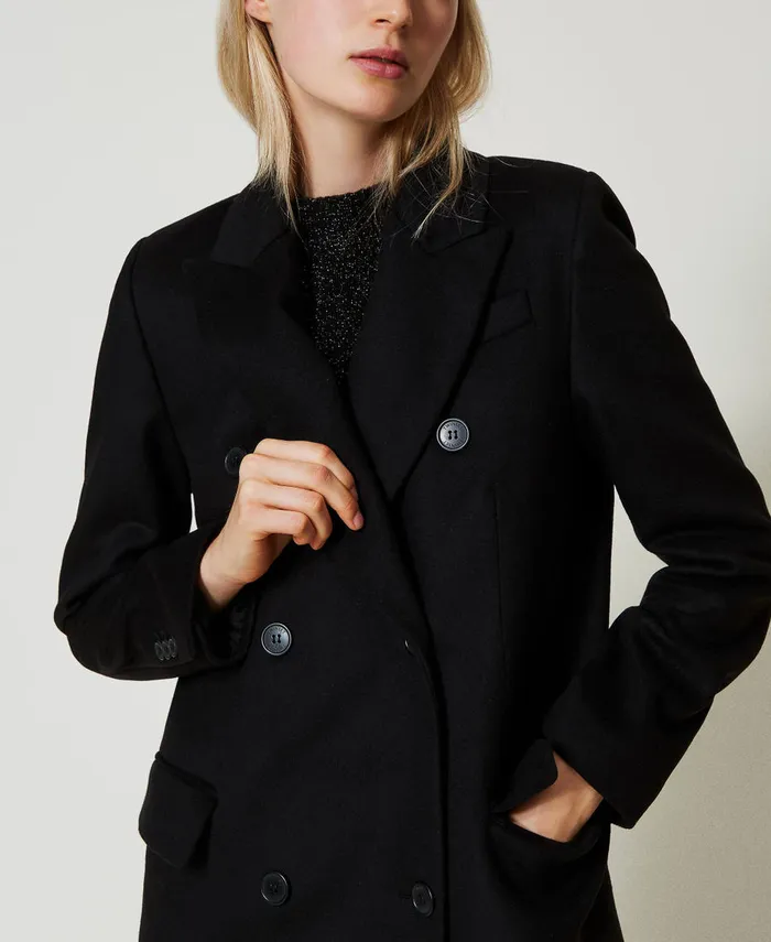 Twinset Wool Blend Straight Fit Coat Black Women Jackets And Outerwear Twinset Wool Blend Straight Fit Coat Black Women Jackets And Outerwear