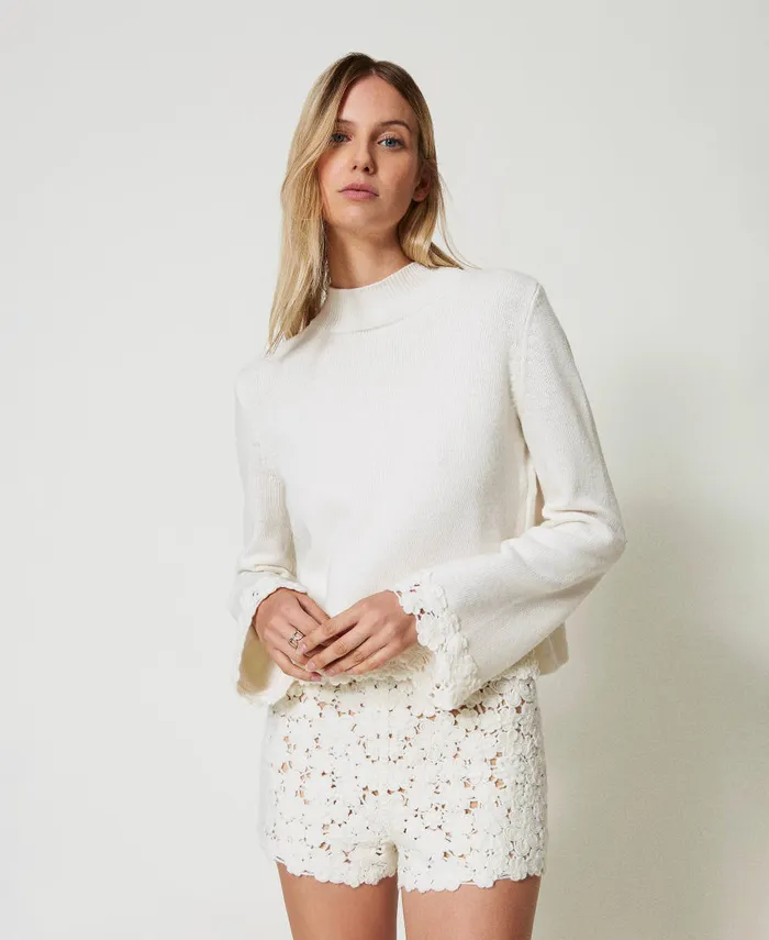 Twinset Wool Blend Turtleneck With Embroidery White Snow Women Jumpers And Cardigans