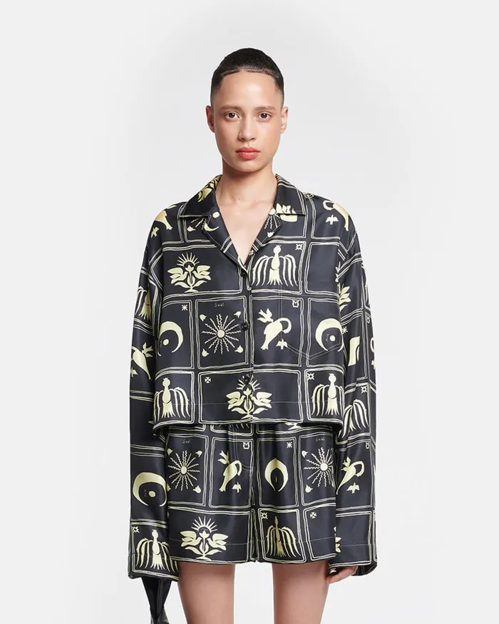 Vally Cropped Printed SilkTwill Shirt Folk Art Black Women Nanushka Tops